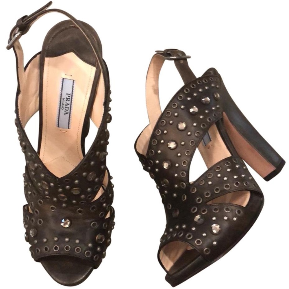 Prada Brown Leather Sandals with Crystals 39